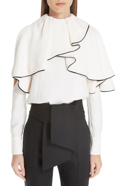 Shop Valentino Silk Ruffle Cold Shoulder Blouse In Ivory/ Black