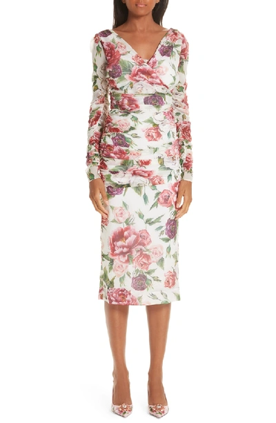 Shop Dolce & Gabbana Peony & Rose Print Stretch Silk Dress In Peonie