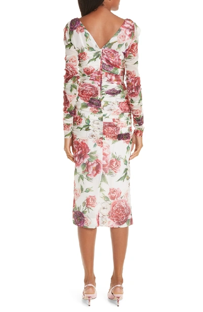 Shop Dolce & Gabbana Peony & Rose Print Stretch Silk Dress In Peonie