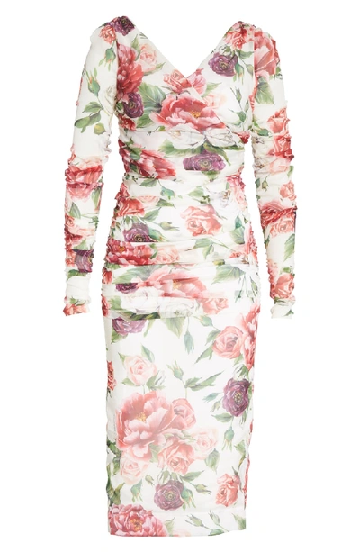 Shop Dolce & Gabbana Peony & Rose Print Stretch Silk Dress In Peonie