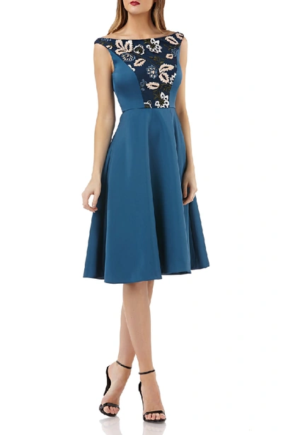 Shop Kay Unger Embroidered Sequin Fit & Flare Dress In Teal