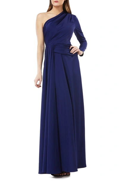 Shop Kay Unger One-shoulder Faille Gown In Navy
