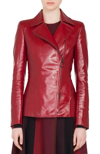 Shop Akris Punto Patent Leather Biker Jacket In Ruby