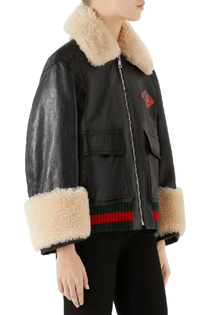 Shop Gucci Genuine Shearling Trim Leather Bomber Jacket In Black