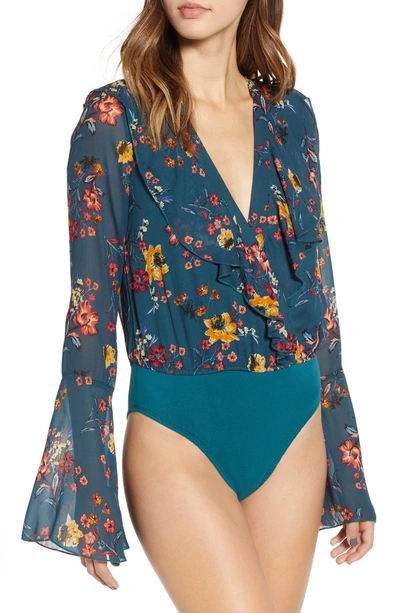 Shop Band Of Gypsies Audrey Floral Ruffle Bodysuit In Emerald/ Gold