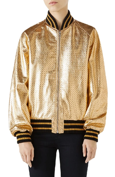 Shop Gucci Metallic Perforated Leather Bomber Jacket In Gold/ Black