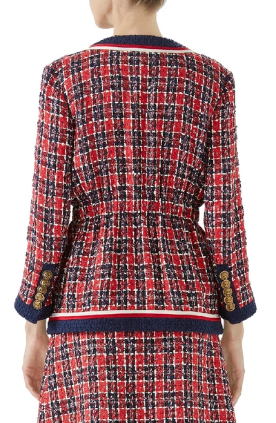 Shop Gucci Cinch Waist Tweed Jacket In Royal Blue/ Red