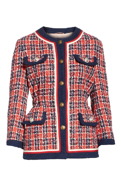 Shop Gucci Cinch Waist Tweed Jacket In Royal Blue/ Red