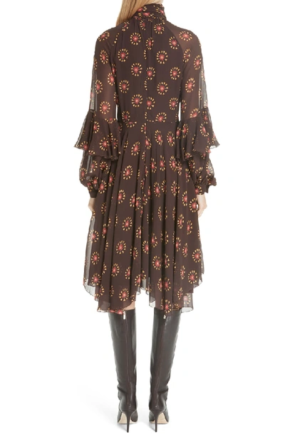 Shop Etro Ruffle Sleeve Print Silk Dress In Brown