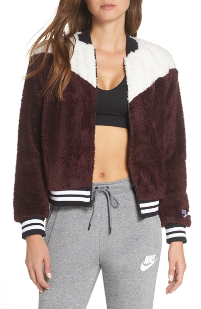 Nike Women's Sportswear Sherpa Wolf Bomber Jacket, Red - Size Xsm In  Burgundy Crush/white | ModeSens