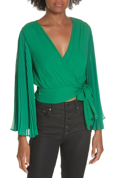Shop Alice And Olivia Bray Pleat Sleeve Wrap Top In Juniper