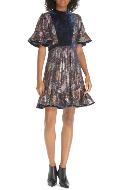 Shop Rebecca Taylor Velvet And Metallic Tapestry Dress In Shadow Combo