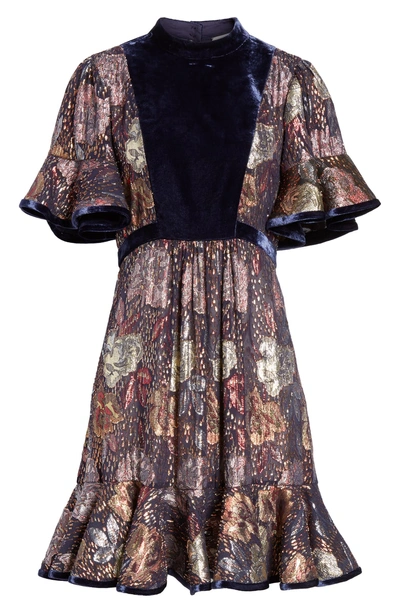 Shop Rebecca Taylor Velvet And Metallic Tapestry Dress In Shadow Combo