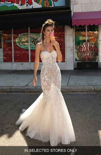 Shop Berta Beaded & Embroidered Strapless Mermaid Gown In Ivory