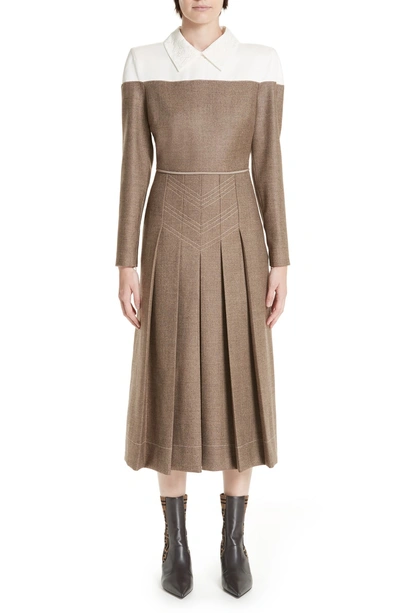 Shop Fendi Silk Yoke Pleated Tweed Dress In Grey