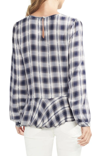 Shop Vince Camuto Plaid Jacquard Ruffle Top In Classic Navy