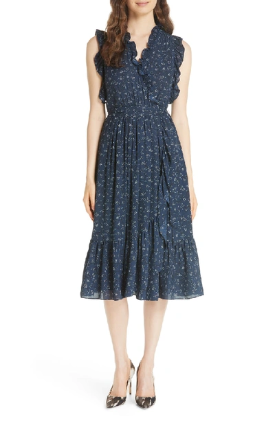 Shop Kate Spade Wild Roses Ruffled Wrap Dress In Adriatic Blue