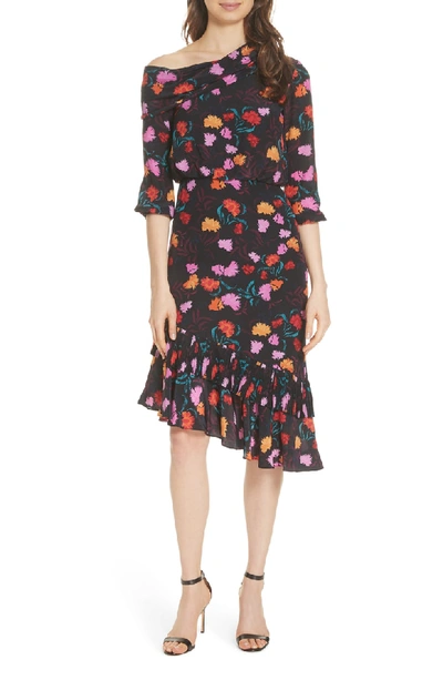 Shop Saloni Lexie Floral Print Silk Off The Shoulder Dress In Black Azalea