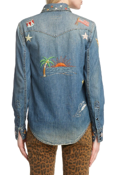 Shop Saint Laurent Embroidered Western Denim Shirt In Rusty Blue