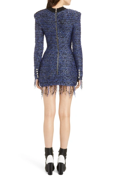 Shop Balmain Fringe Metallic Tweed Minidress In Bleu Klein/ Noir