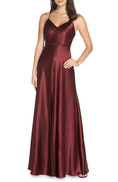 Shop Jenny Yoo Dina V-neck Satin Crepe Gown In Hibiscus