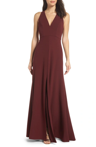 Shop Jenny Yoo Margot V-neck Knit Crepe Gown In Hibiscus