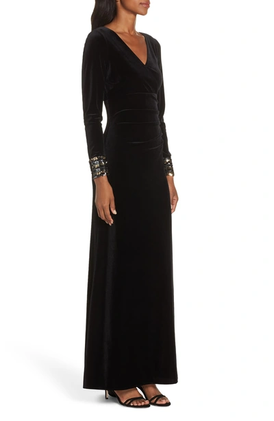 Shop Vince Camuto Sequin Cuff Stretch Velvet Gown In Black