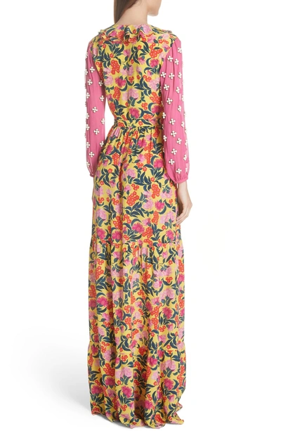 Shop Saloni Ginny Floral Print Embellished Sleeve Silk Dress In Yellow Azalea