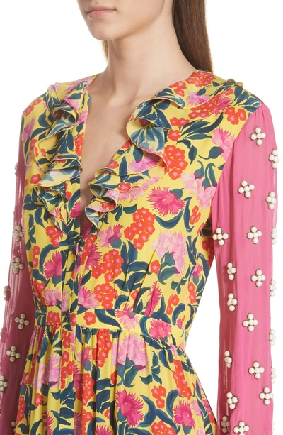 Shop Saloni Ginny Floral Print Embellished Sleeve Silk Dress In Yellow Azalea