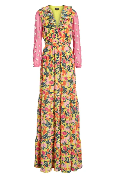 Shop Saloni Ginny Floral Print Embellished Sleeve Silk Dress In Yellow Azalea