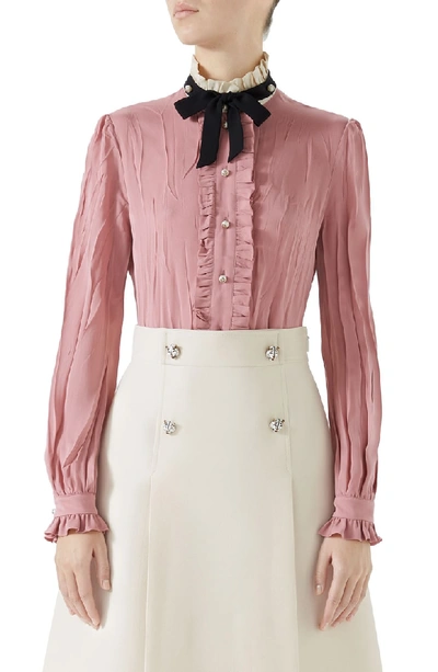 Shop Gucci Tie Neck Ruffle Detail Silk Blouse In Pink