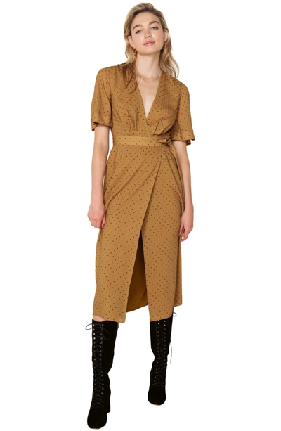 Shop The East Order Taylor Polka Dot Wrap Midi Dress In Mustard Spot