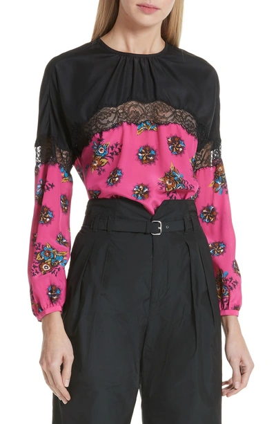 Shop Red Valentino Floral Print Lace Trim Silk Blouse In Magenta