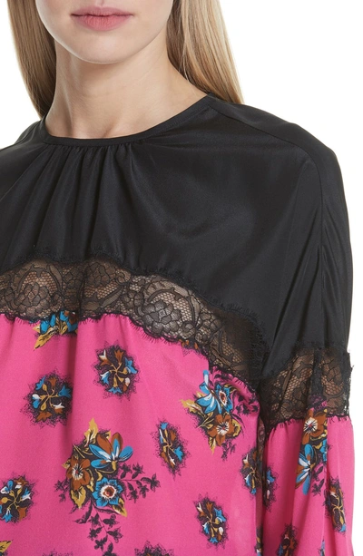 Shop Red Valentino Floral Print Lace Trim Silk Blouse In Magenta