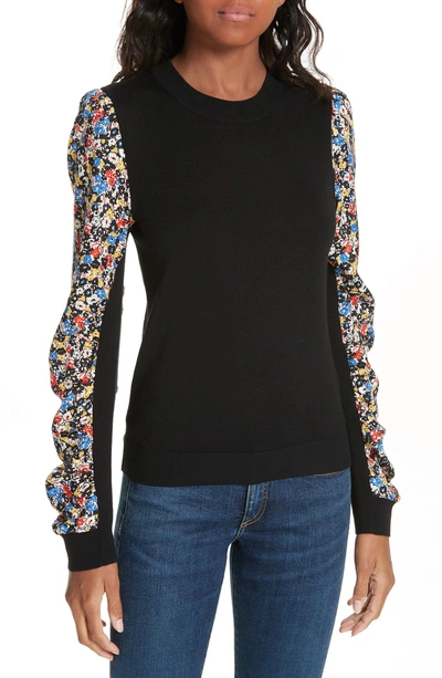 Shop Veronica Beard Adler Stretch Silk Sleeve Merino Wool Sweater In Black Floral