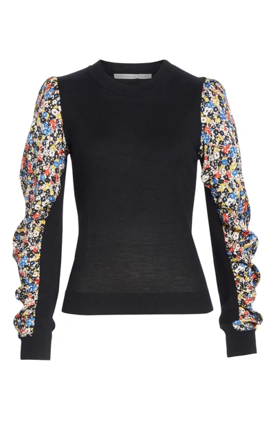 Shop Veronica Beard Adler Stretch Silk Sleeve Merino Wool Sweater In Black Floral
