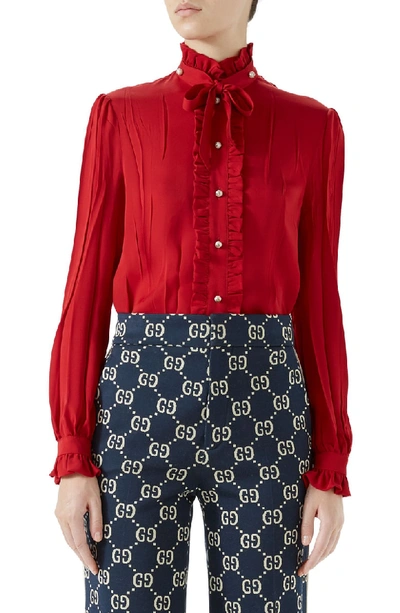 Shop Gucci Tie Neck Ruffle Detail Silk Blouse In Hibiscus Red