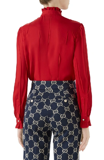 Shop Gucci Tie Neck Ruffle Detail Silk Blouse In Hibiscus Red