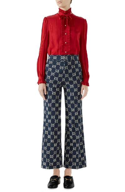 Shop Gucci Tie Neck Ruffle Detail Silk Blouse In Hibiscus Red