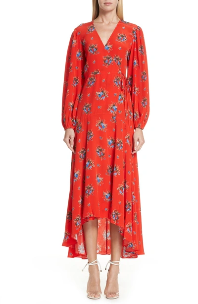 Shop Ganni Floral Silk Wrap Dress In Fiery Red