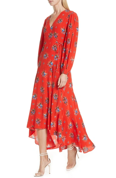 Shop Ganni Floral Silk Wrap Dress In Fiery Red