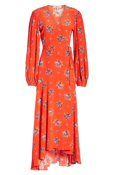 Shop Ganni Floral Silk Wrap Dress In Fiery Red