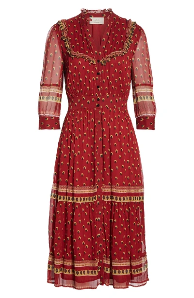 Shop Ba&sh Barie Ruffle Print Midi Dress In Red