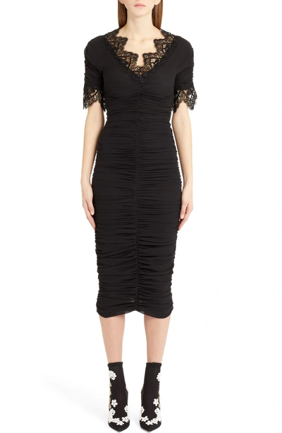 Shop Dolce & Gabbana Lace Trim Ruched Silk Blend Dress In Black
