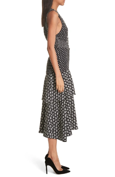 Shop Proenza Schouler Mixed Print Button Detail Midi Dress In Black/ Ecru Flower