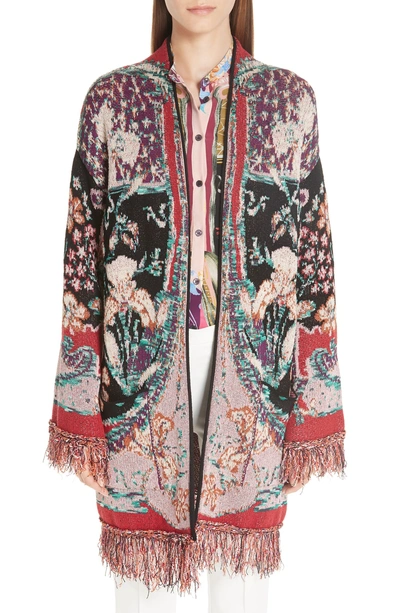 Shop Etro Fringe Trim Jacquard Knit Cardigan In Multi