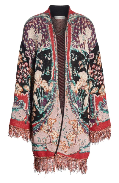 Shop Etro Fringe Trim Jacquard Knit Cardigan In Multi