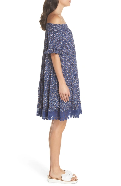 Shop Tory Burch Wild Pansy Off The Shoulder Cover-up Dress In Navy Wild Pansy