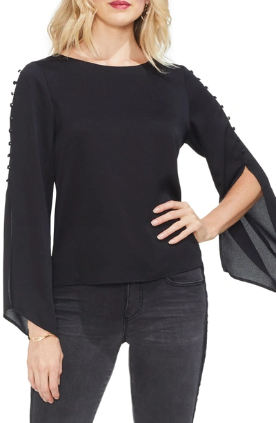 Shop Vince Camuto Button Bell Sleeve Hammer Satin Top In Rich Black