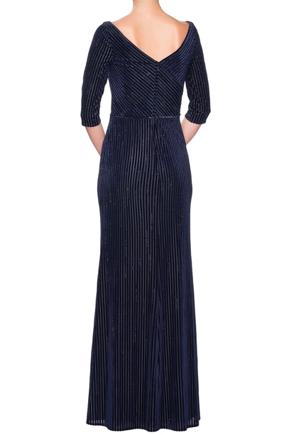 Shop La Femme Striped Velvet Column Gown In Navy